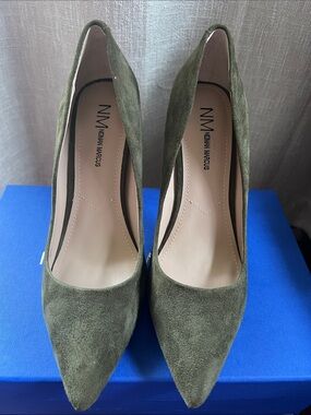Neiman Marcus Olive Green Suede Pointed Toe Pumps